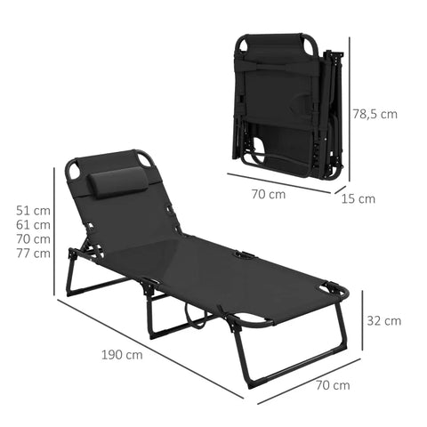 Rootz Sun Lounger - 4-way Adjustable Backrest - Foldable - Magazine Compartment - Pillow - Dark Blue - 70cm x 190cm x 32cm