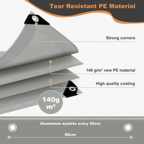 Rootz Waterproof Tarpaulin - Protective Cover - Durable Tarp - UV-Resistant - All-Weather Shield - 4x4m - Grey - Tear & Mold Resistant