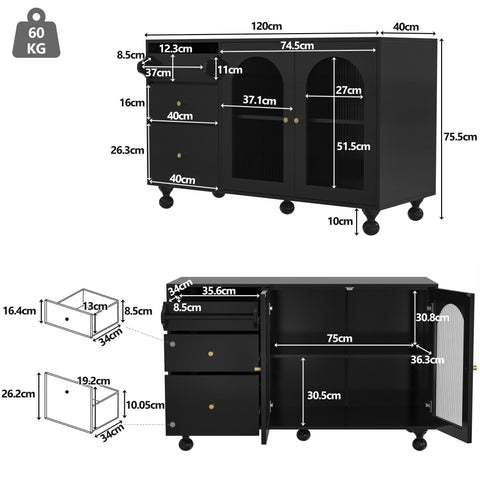 Rootz Black Sideboard Storage Cabinet - Towel Holder - Kitchen Buffet - Spacious Design - 120cm x 40cm x 75.5cm