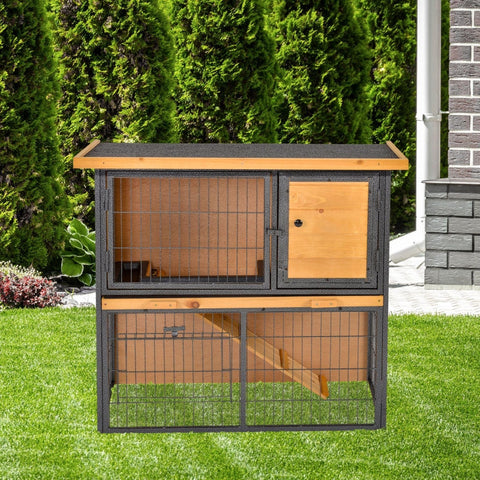 Rootz Small Animal Stable Hutch - Rabbit Cage - Guinea Pig Enclosure - Weatherproof - Non-Slip Ramp - Lockable Doors - 89.5cm x 45cm x 81cm