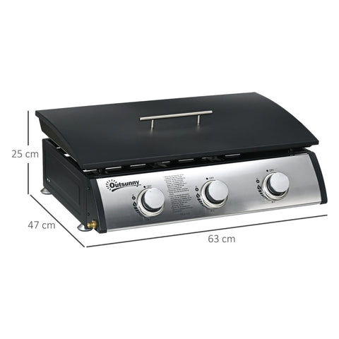 Rootz Gas Grill with Lid - BBQ Grill - Outdoor Cooking Station - 3 Burners - Fat Drip Tray - Non-Stick Plate - 63x47x25 cm - Black/Silver