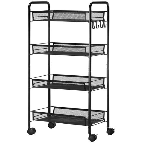 Rootz Trolley with 4 Hanging Baskets - Serving Trolley - Mobile Cart - Steel, Lockable Wheels - 45cm x 26.5cm x 84cm - Extra Storage Space