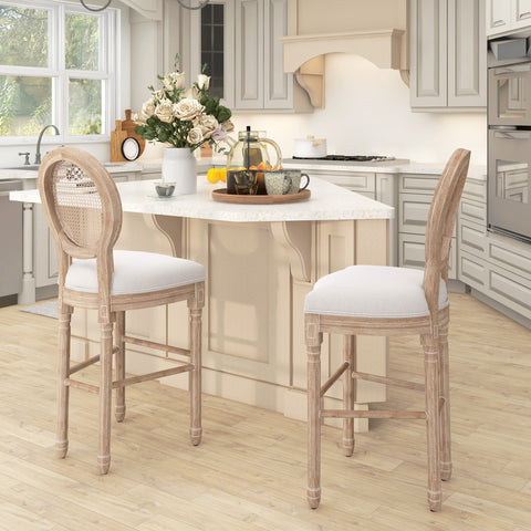 Rootz Set of 2 Louis XVI Medallion Bar Stools - Counter Stools - Tall Seating - Ergonomic Comfort - 48 x 56 x 118 cm White, Brown