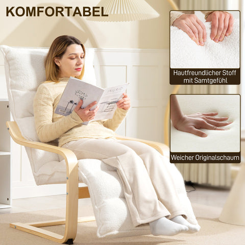 Rootz Lounge Armchair - Upholstered Armchair - Reading Chair - Adjustable Footrest - Birch Wood - 67cm x 93-114cm x 105cm - White