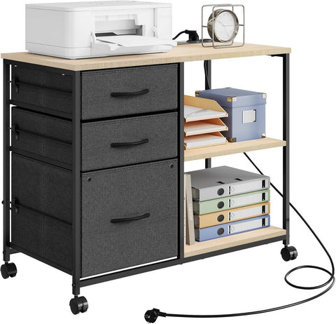 Rootz File Cabinet - Mobile Storage Unit - Office Organizer - Charging Station - Metal Wood - Brown, Grey - 80 x 66 x 40 cm - Effortless Device Charging