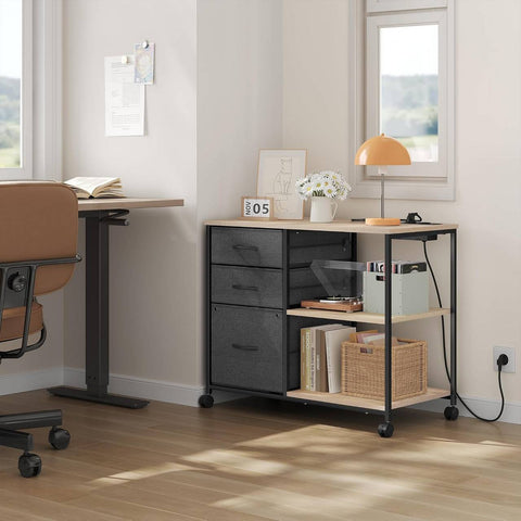 Rootz File Cabinet - Mobile Storage Unit - Office Organizer - Charging Station - Metal Wood - Brown, Grey - 80 x 66 x 40 cm - Effortless Device Charging