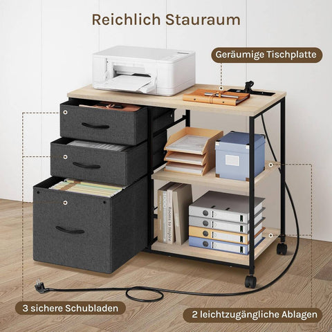 Rootz File Cabinet - Mobile Storage Unit - Office Organizer - Charging Station - Metal Wood - Brown, Grey - 80 x 66 x 40 cm - Effortless Device Charging