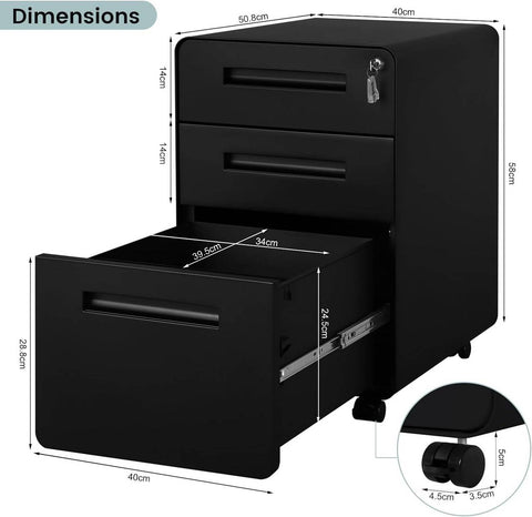 Rootz File Cabinet - Storage Organizer - Office Drawer Unit - Secure Lock System - 40x63x50.8cm - Black