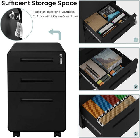 Rootz File Cabinet - Storage Organizer - Office Drawer Unit - Secure Lock System - 40x63x50.8cm - Black