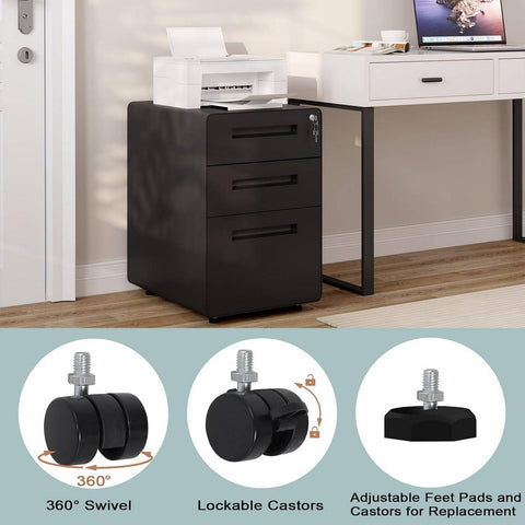 Rootz File Cabinet - Storage Organizer - Office Drawer Unit - Secure Lock System - 40x63x50.8cm - Black