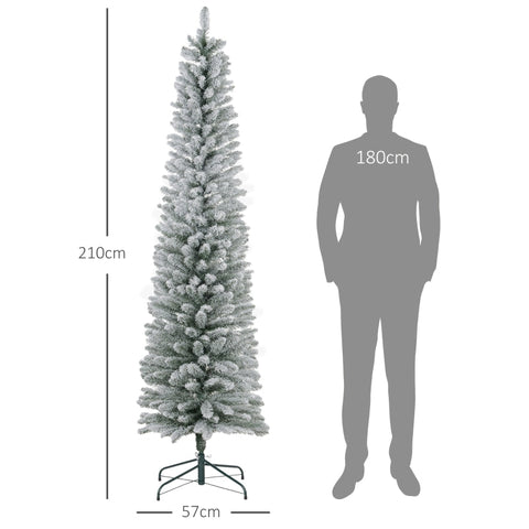 Rootz Snow-Covered Artificial Christmas Tree - Pre-Lit Xmas Tree - Warm White LED Lights - Slim Shape - Ø57cm x 210cm