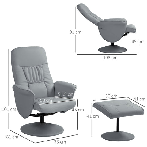 Rootz 2-Part Armchair Set - Recliner with Footstool - Relaxation Chair - Synthetic Leather Comfort - Grey - Adjustable & Tiltable 76x81x101cm