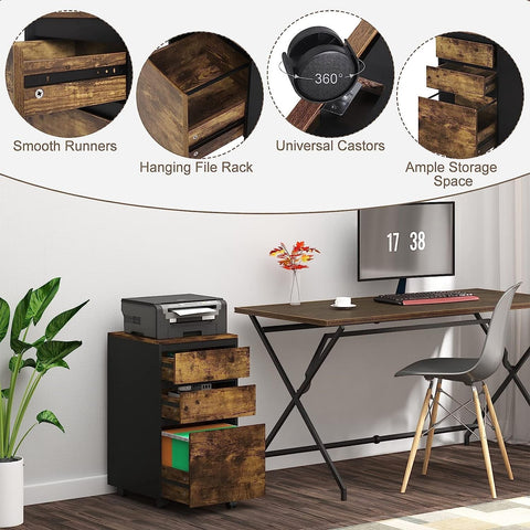 Rootz Mobile Filing Cabinet - Office Storage Unit - Rolling File Cabinet - Flexible Placement, Robust & Long-lasting, Efficient Storage - Vintage Wood Grain + Black - 40cm x 70cm x 40cm