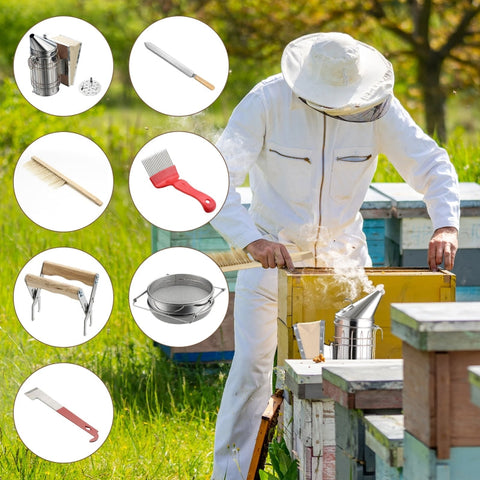 Rootz 7-Piece Beekeeping Tool Set - Beekeeping Kit - Honey Harvesting Tools - Convenient & Safe Honey Harvesting - Calm Bees with Stainless Steel Smoker - Effortless Frame Removal - 28.5cm Smoker Height - Stainless Steel & Wood