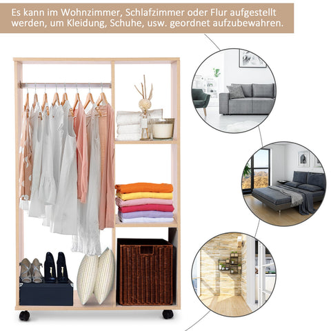 Rootz Mobile Wardrobe - Rollable Clothes Rack - Cloakroom Cabinet - High-Quality Wood - 80 x 40 x 128 cm