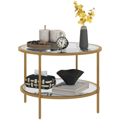 Rootz Side Table - Modern Bedside Table - Nightstand - Tempered Glass - Powder-Coated Steel - 60cm x 43cm - 2-Tier Shelf - Gold