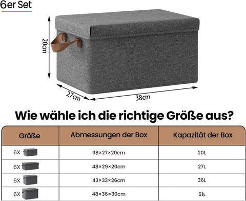 Rootz 6 Piece Set Storage Basket with Lid - Clothes Organizer - Fabric Boxes - Collapsible Design - Cationic Polyester - Various Sizes - Gray - 20L/27L/36L/51L