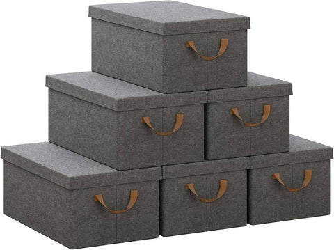 Rootz 6 Piece Storage Box Set - Organizing Bins - Folding Containers - Easy Transport Handles - Grey - 27L - 48x29x20cm