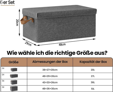 Rootz 6 Piece Storage Box Set - Organizing Bins - Folding Containers - Easy Transport Handles - Grey - 27L - 48x29x20cm