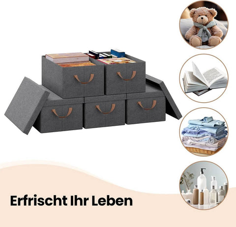 Rootz 6 Piece Storage Box Set - Organizing Bins - Folding Containers - Easy Transport Handles - Grey - 27L - 48x29x20cm