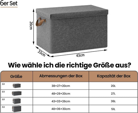 Rootz 6 Piece Set Storage Boxes - Organizing Baskets - Foldable Containers - Dust Protection - 36L Grey 43x33x26 cm