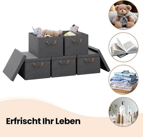 Rootz 6 Piece Set Storage Boxes - Organizing Baskets - Foldable Containers - Dust Protection - 36L Grey 43x33x26 cm