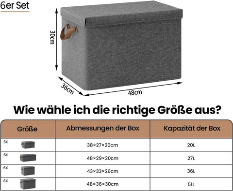 Rootz 6 Set Storage Boxes - Organizers - Foldable Containers - Space-Saving - 51L (48x36x30 cm) with Lids and Handles