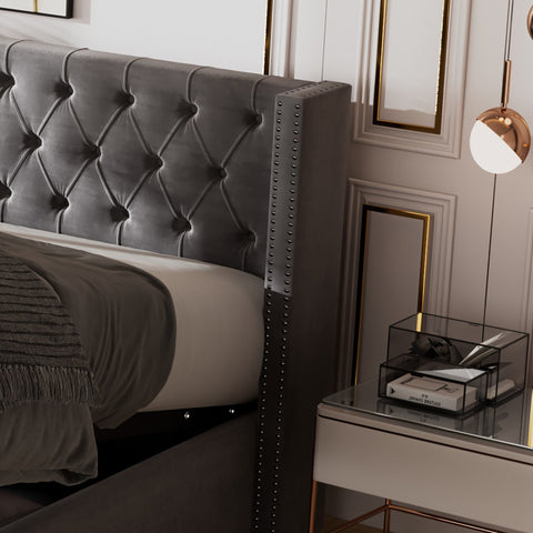 Rootz Upholstered Bed with Hydraulic Storage - Chesterfield Bed - Velvet Bed - Max Storage - 209cm x 149.5cm x 94.5cm - Gray