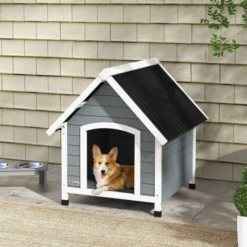 Rootz Medium Dog House - Wooden Pet Shelter - Weatherproof Canine Cabin - Raised Design - Corrugated Plastic Roof - 75cm x 88cm x 82cm