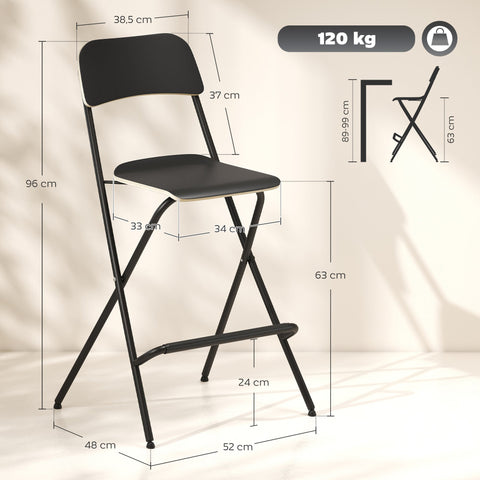 Rootz 2 Set Bar Stools - Foldable Bar Chairs - Black Kitchen Seating - Space-Saving Design - 52cm x 48cm x 96cm