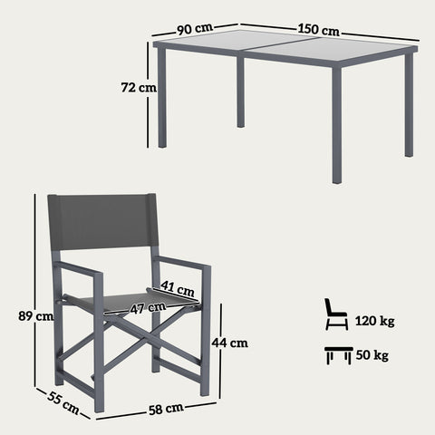 Rootz 5-Part Dining Set - Outdoor Patio Set - Folding Chair Set - Durable Steel Frame - 150cm Table & 58cm x 55cm x 89cm Chairs