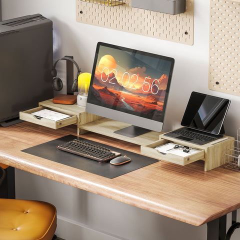 Rootz Monitor Stand - PC Desk Organizer - Screen Riser - Ergonomic Design - 60-116cm Adjustable - Dual Drawers - Brown