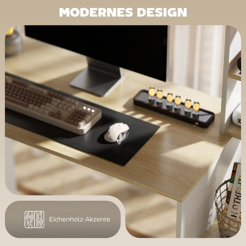 Rootz Computer Table Desk - Workstation - Office Table - Efficient Storage - Brown +White - 113cm x 45cm x 138.5cm