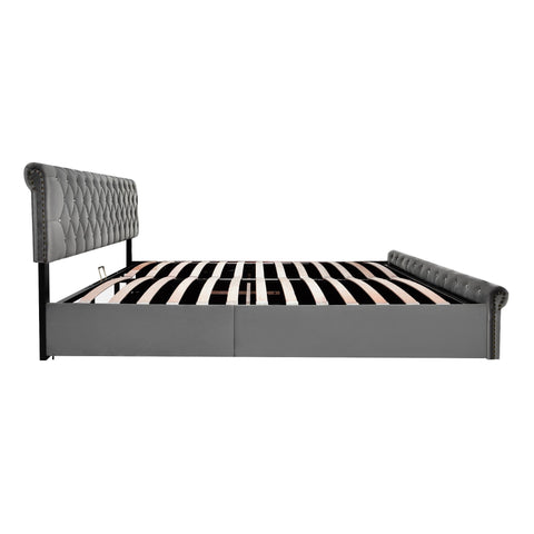 Rootz Upholstered Bed - Height-Adjustable Headboard - Slatted Frame - Comfort Back Support - 219cm x 169cm x 92/97/105cm - Grey Velvet