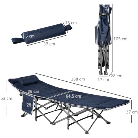 Rootz Foldable Camping Bed - Field Bed - Portable Resting Solution - Includes Pillow - 188 x 64.5 x 53 cm, Blue, Holds Up to 150 kg