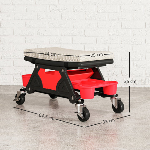 Rootz Workshop Stool with Wheels - Rolling Stool - Mechanic Seat - 135kg Capacity - 64.5cm x 33cm x 35cm - Grey and Red