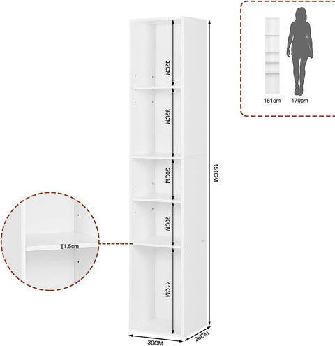 Rootz Bookshelf Storage Unit - 5 Shelf Wooden Bookcase - Organizer Display Stand - Versatile Furniture - 30cm x 151cm x 26cm