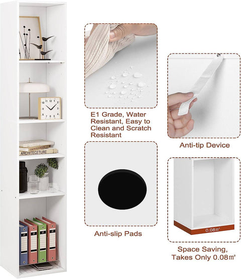 Rootz Bookshelf Storage Unit - 5 Shelf Wooden Bookcase - Organizer Display Stand - Versatile Furniture - 30cm x 151cm x 26cm