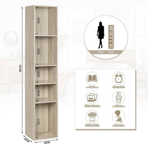 Rootz Bookcase Storage Shelf - Free Standing Bookshelf - Adjustable Dividers - Wood Material - Stable & Safe - 30cm x 151cm x 26cm
