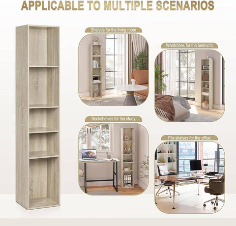 Rootz Bookcase Storage Shelf - Free Standing Bookshelf - Adjustable Dividers - Wood Material - Stable & Safe - 30cm x 151cm x 26cm