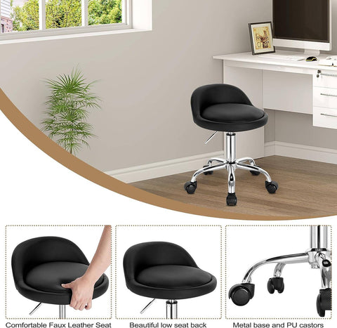 Rootz Makeup Stool - Rolling Stool - Adjustable Height - Ergonomic Backrest - 30cm x 30cm x 53-65.5cm