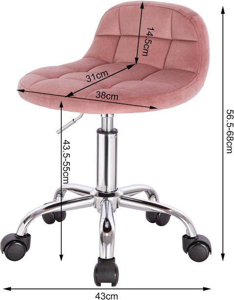 Rootz Office Stool - Desk Chair - Rolling Stool - Velvet - Ergonomic - Adjustable Height - 56.5-68cm x 38 x 31cm - Stylish & Practical