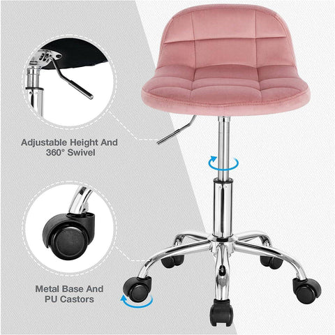 Rootz Office Stool - Desk Chair - Rolling Stool - Velvet - Ergonomic - Adjustable Height - 56.5-68cm x 38 x 31cm - Stylish & Practical