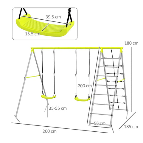 Rootz Children's Swing Set - with Climbing Net - Rung Ladder for Children - Steel Frame - Green - 260cm x 185cm x 180cm