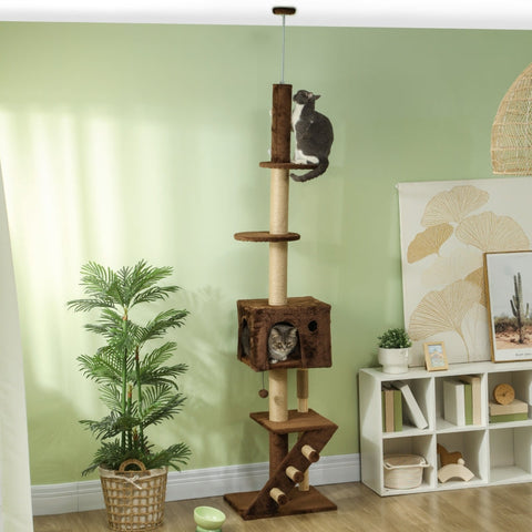 Rootz Floor-to-Ceiling Cat Tree - Cat Condo - Scratching Post - Space-Saving Design - Adjustable 225-265cm - 48L x 40W cm Base