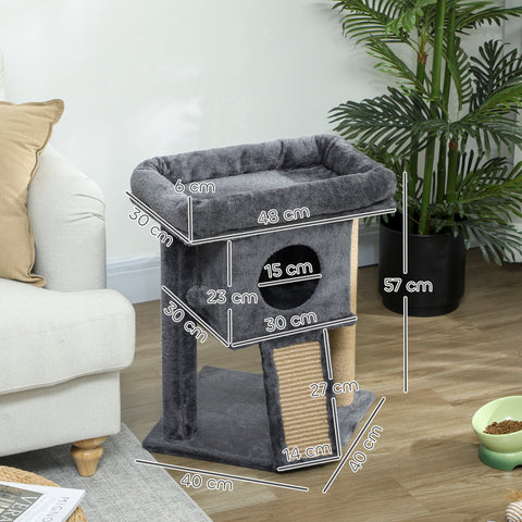 Rootz Scratch Tree - Cat Tower - Kitty Condo - Jute & Plush - Multi-Level Fun - 40 x 40 x 57 cm - Grey, Brown