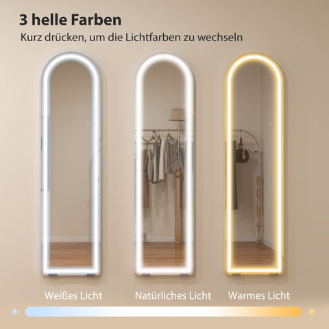 Rootz Full Length Mirror with LED Lights - Dressing Mirror - Vanity Mirror - Dimmable Lighting - Arch Shaped - White - 150 x 40 cm