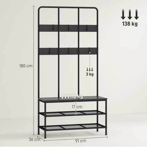 Rootz 3-in-1 Cloakroom Stand - Clothes Hook - Shoe Shelf - Organize Efficiently - 91cm x 36cm x 180cm