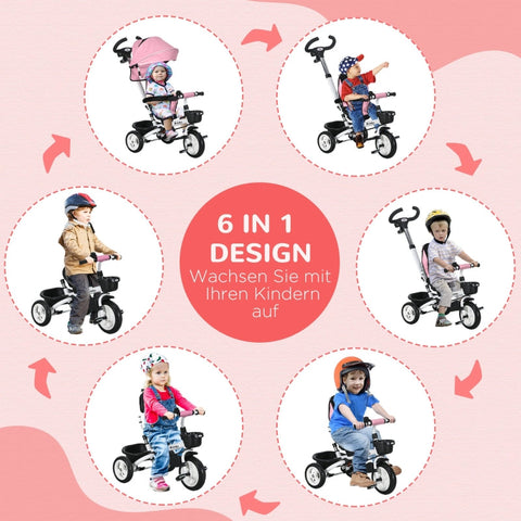 Rootz 6-in-1 Children's Tricycle - Kids Trike - Toddler Bike - Push Bar - Sun Canopy - Reflective Strips - 112cm x 50cm x 104cm - Aluminum Alloy