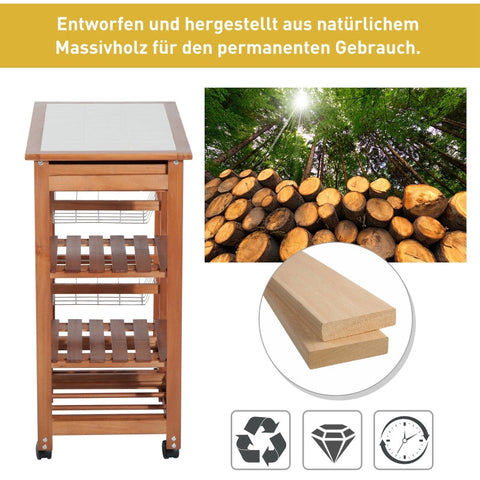 Rootz Wooden Serving Trolley - Kitchen Cart - Mobile Kitchen Island - Ample Storage - High-Quality Materials - Easy Mobility - 74cm x 37cm x 76cm